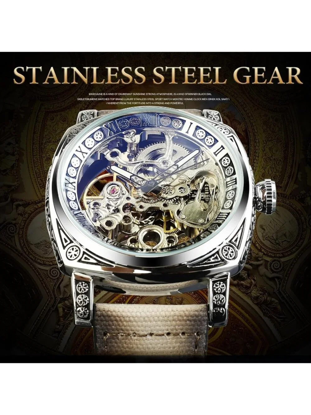 Men's Beige Brown Mechanical Leather Strap Self-Wind Carved Automatic Watch